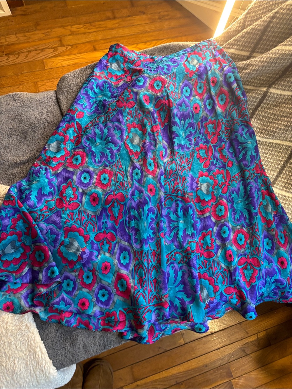 100% Silk Vibrant Floral Circle Skirt in Teal, Purple & Pink made in Korea
